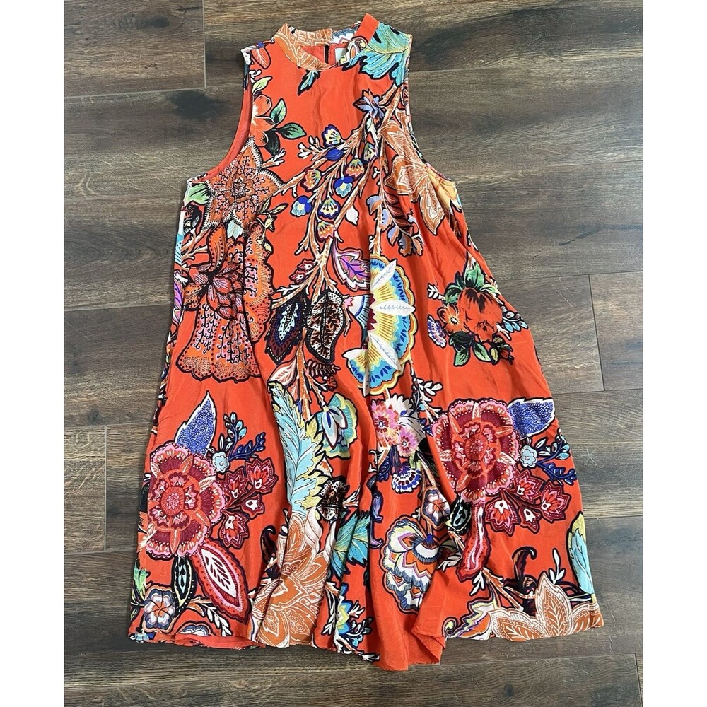 Anthropologie Maeve 100% Silk Larkhill Midi Dress Size Large Orange Floral Swing - Picture 10 of 13